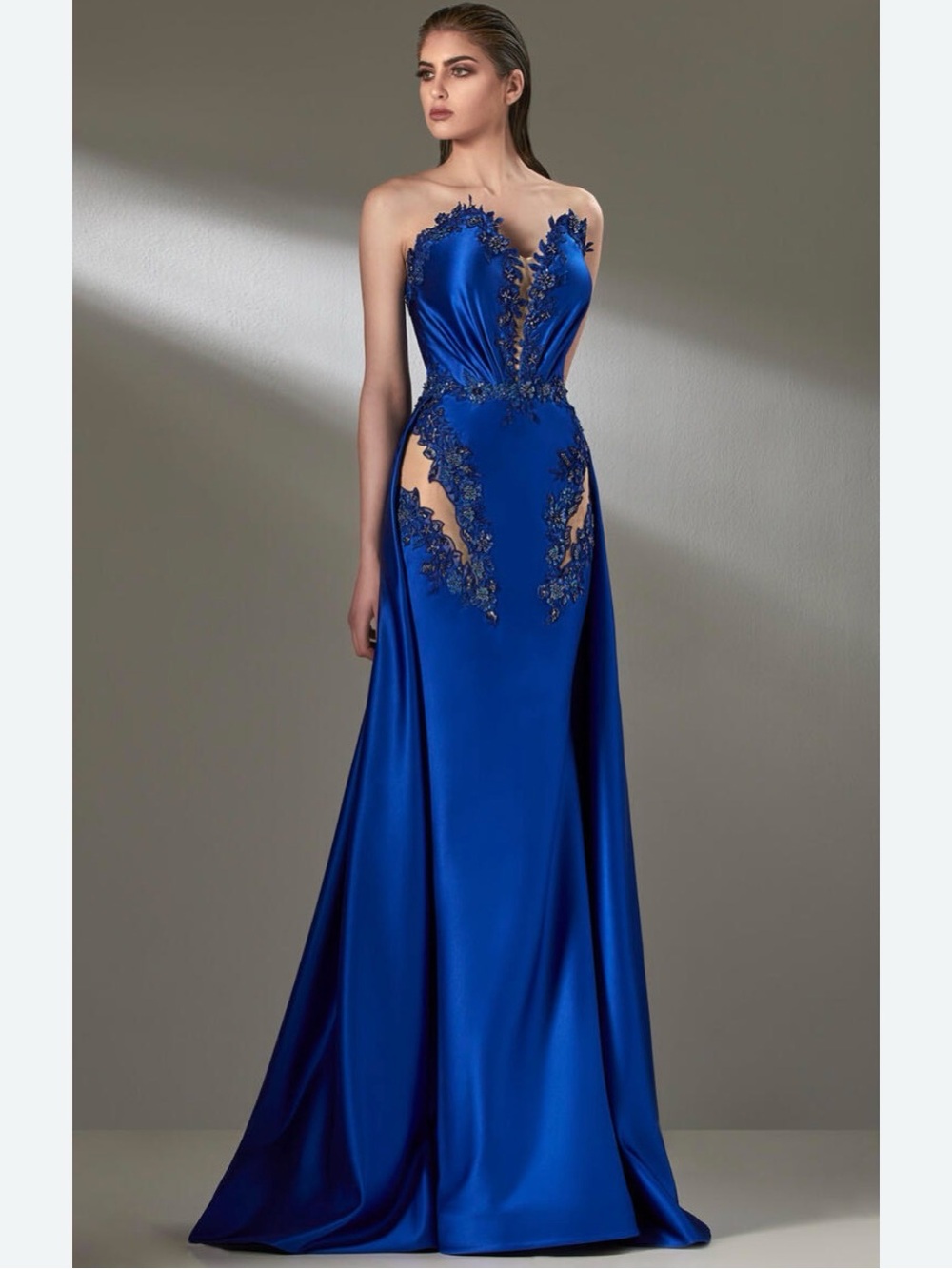 MNM Couture Strapless Sapphire Blue Evening Gown